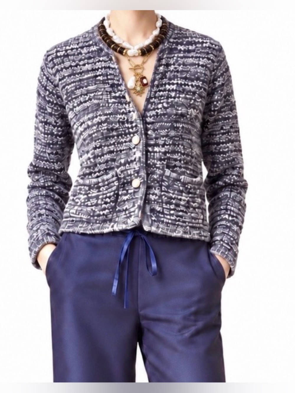 ba&sh Gaspard Navy and White Marled Knit Cardigan with Gold Buttons, size medium